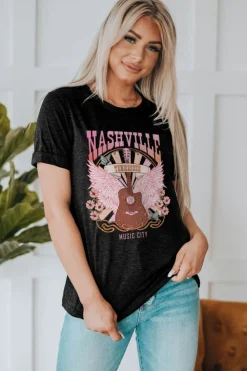 Hot Dear-Lover NASHVILLE Music City Graphic Print Short Sleeve Top Black