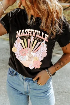 Fashion Dear-Lover Nashville Music City Guitar Angel Wing Graphic Tee Black
