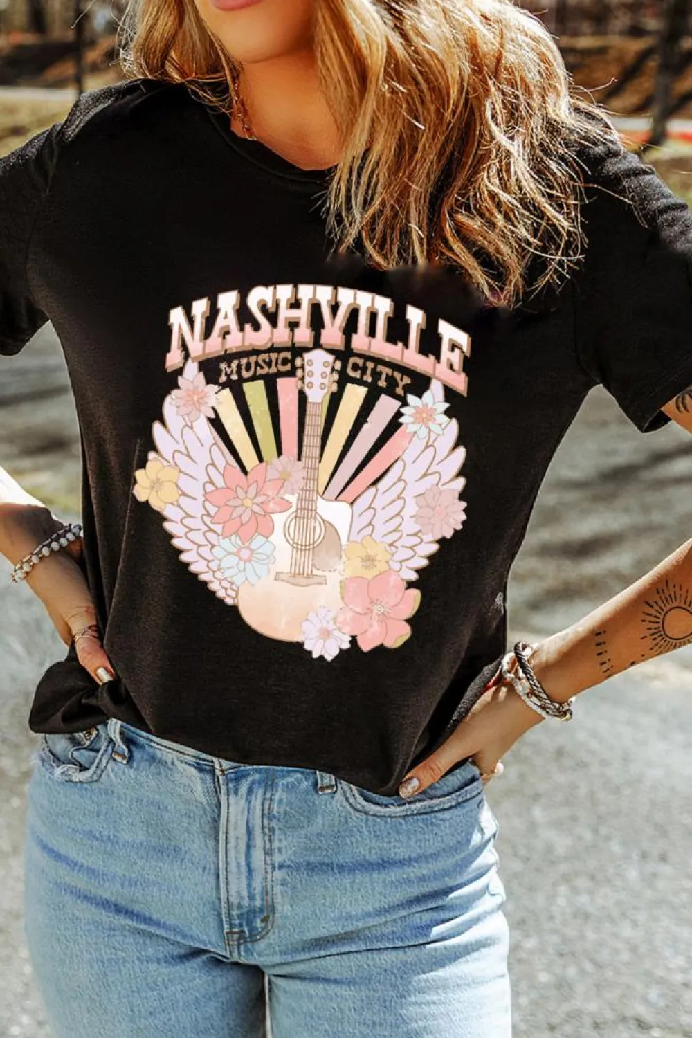 Fashion Dear-Lover Nashville Music City Guitar Angel Wing Graphic Tee Black