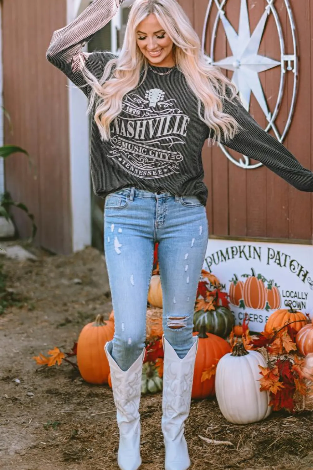 Clearance Dear-Lover NASHVILLE MUSIC CITY Corded Graphic Sweatshirt Black
