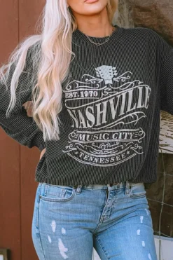 Clearance Dear-Lover NASHVILLE MUSIC CITY Corded Graphic Sweatshirt Black