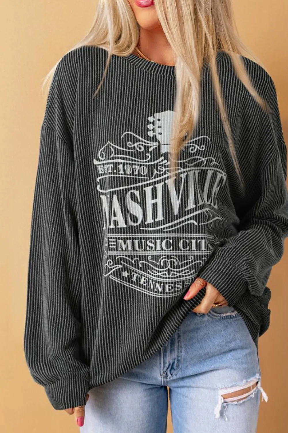 Clearance Dear-Lover NASHVILLE MUSIC CITY Corded Graphic Sweatshirt Black