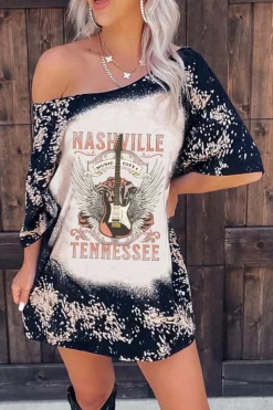 Fashion Dear-Lover Nashville Tennessee Guitar Graphic Long Tee Black