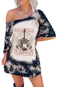 Fashion Dear-Lover Nashville Tennessee Guitar Graphic Long Tee Black