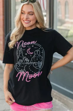 Outlet Dear-Lover neon moon Letter Graphic Short Sleeve Top Black