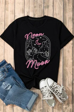 Outlet Dear-Lover neon moon Letter Graphic Short Sleeve Top Black