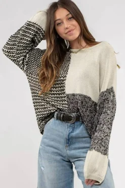 Sale Dear-Lover Neutral Colorblock Tie Back Sweater Black
