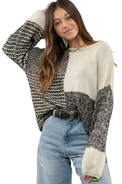 Sale Dear-Lover Neutral Colorblock Tie Back Sweater Black