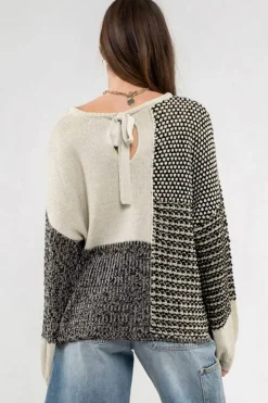 Sale Dear-Lover Neutral Colorblock Tie Back Sweater Black
