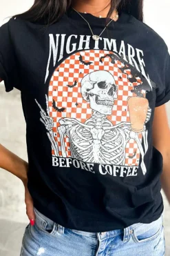 New Dear-Lover Nightmare Before Coffee Skull Checkerboard Graphic Halloween Tee Black