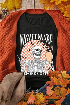 New Dear-Lover Nightmare Before Coffee Skull Checkerboard Graphic Halloween Tee Black