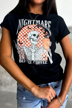 New Dear-Lover Nightmare Before Coffee Skull Checkerboard Graphic Halloween Tee Black
