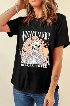 New Dear-Lover Nightmare Before Coffee Skull Checkerboard Graphic Halloween Tee Black