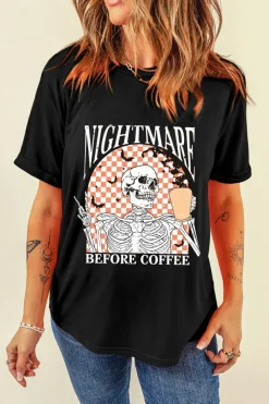 New Dear-Lover Nightmare Before Coffee Skull Checkerboard Graphic Halloween Tee Black