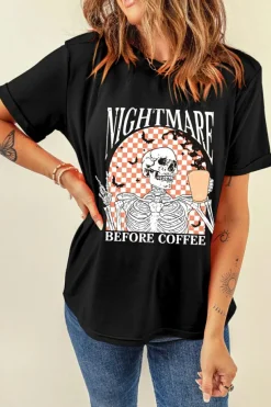 New Dear-Lover Nightmare Before Coffee Skull Checkerboard Graphic Halloween Tee Black