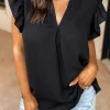 Hot Dear-Lover Notched Neck Ruffle Sleeve Blouse Black