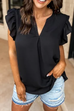 Hot Dear-Lover Notched Neck Ruffle Sleeve Blouse Black