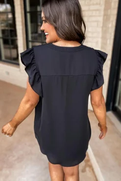 Hot Dear-Lover Notched Neck Ruffle Sleeve Blouse Black