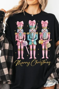 Discount Dear-Lover Nutcracker Merry Christmas Printed Crewneck T Shirt Black