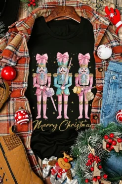 Discount Dear-Lover Nutcracker Merry Christmas Printed Crewneck T Shirt Black