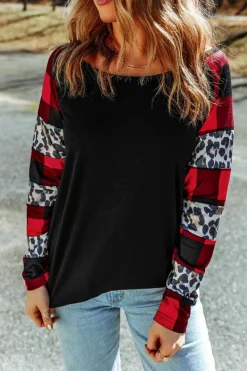 Sale Dear-Lover Off Shoulder Plaid&Leopard Print Long Sleeve Top Black