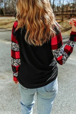 Sale Dear-Lover Off Shoulder Plaid&Leopard Print Long Sleeve Top Black