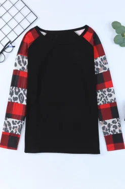 Sale Dear-Lover Off Shoulder Plaid&Leopard Print Long Sleeve Top Black