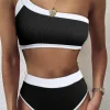 Discount Dear-Lover One Shoulder Patchwork High-waisted Bikini Set Black