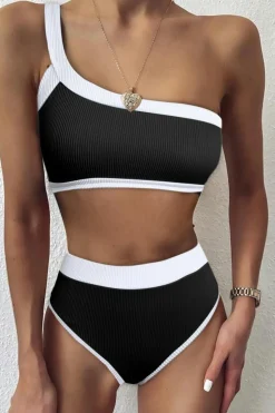 Discount Dear-Lover One Shoulder Patchwork High-waisted Bikini Set Black