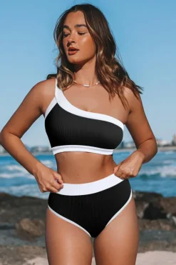 Discount Dear-Lover One Shoulder Patchwork High-waisted Bikini Set Black