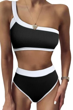 Discount Dear-Lover One Shoulder Patchwork High-waisted Bikini Set Black