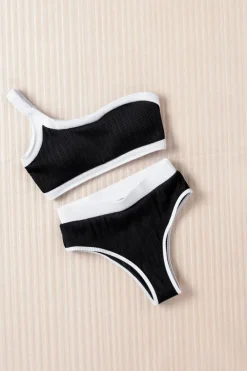 Discount Dear-Lover One Shoulder Patchwork High-waisted Bikini Set Black