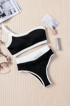 Discount Dear-Lover One Shoulder Patchwork High-waisted Bikini Set Black