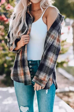 New Dear-Lover Oversize Rounded Hem Plaid Shacket with Slits Black