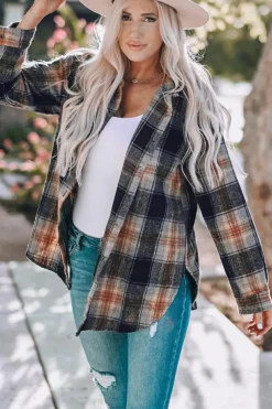New Dear-Lover Oversize Rounded Hem Plaid Shacket with Slits Black