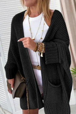 Best Dear-Lover Oversized Fold Over Sleeve Open Front Cardigan Black