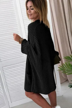 Best Dear-Lover Oversized Fold Over Sleeve Open Front Cardigan Black