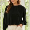 Clearance Dear-Lover Padded Shoulder Buttoned Cuffs Pleated Loose Blouse Black