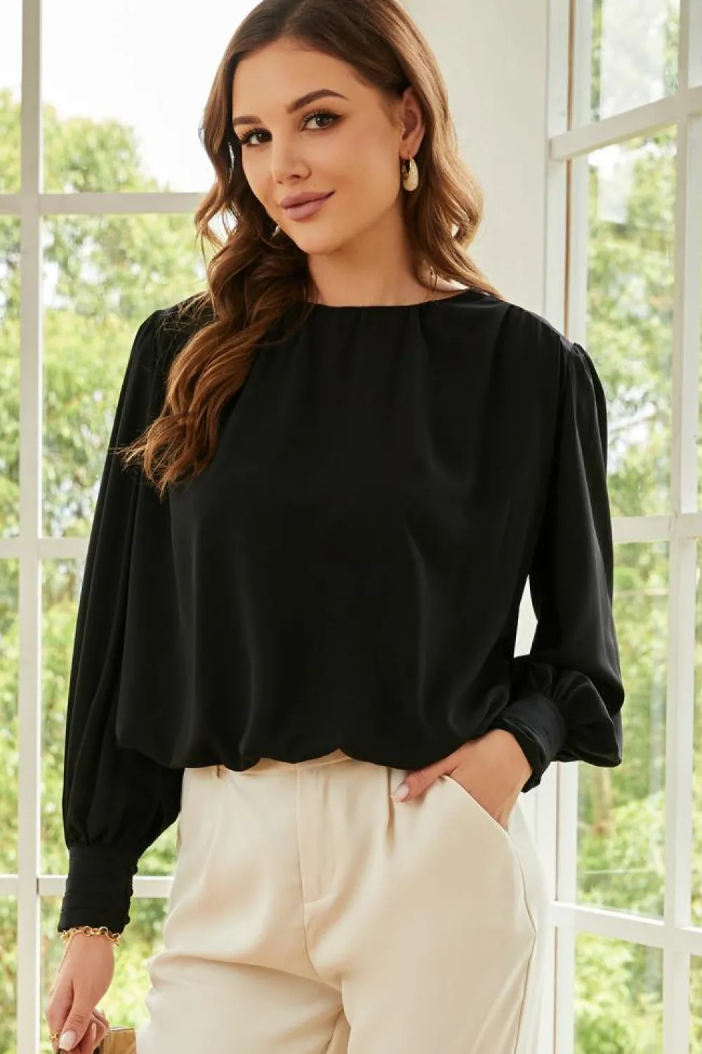 Clearance Dear-Lover Padded Shoulder Buttoned Cuffs Pleated Loose Blouse Black