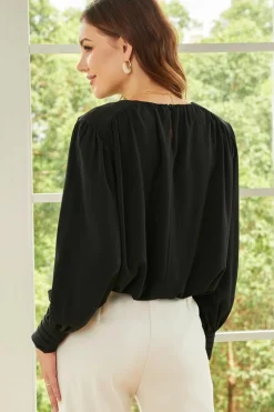 Clearance Dear-Lover Padded Shoulder Buttoned Cuffs Pleated Loose Blouse Black