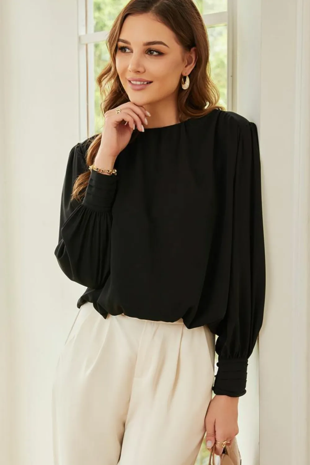 Clearance Dear-Lover Padded Shoulder Buttoned Cuffs Pleated Loose Blouse Black