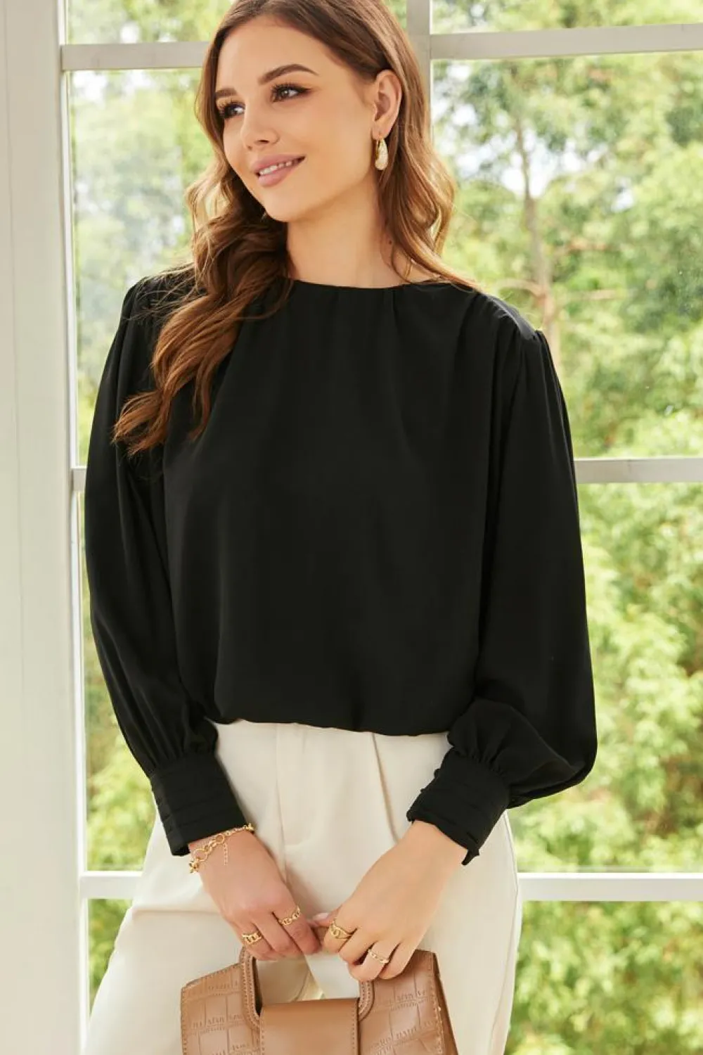 Clearance Dear-Lover Padded Shoulder Buttoned Cuffs Pleated Loose Blouse Black