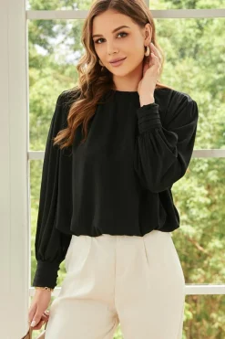 Clearance Dear-Lover Padded Shoulder Buttoned Cuffs Pleated Loose Blouse Black