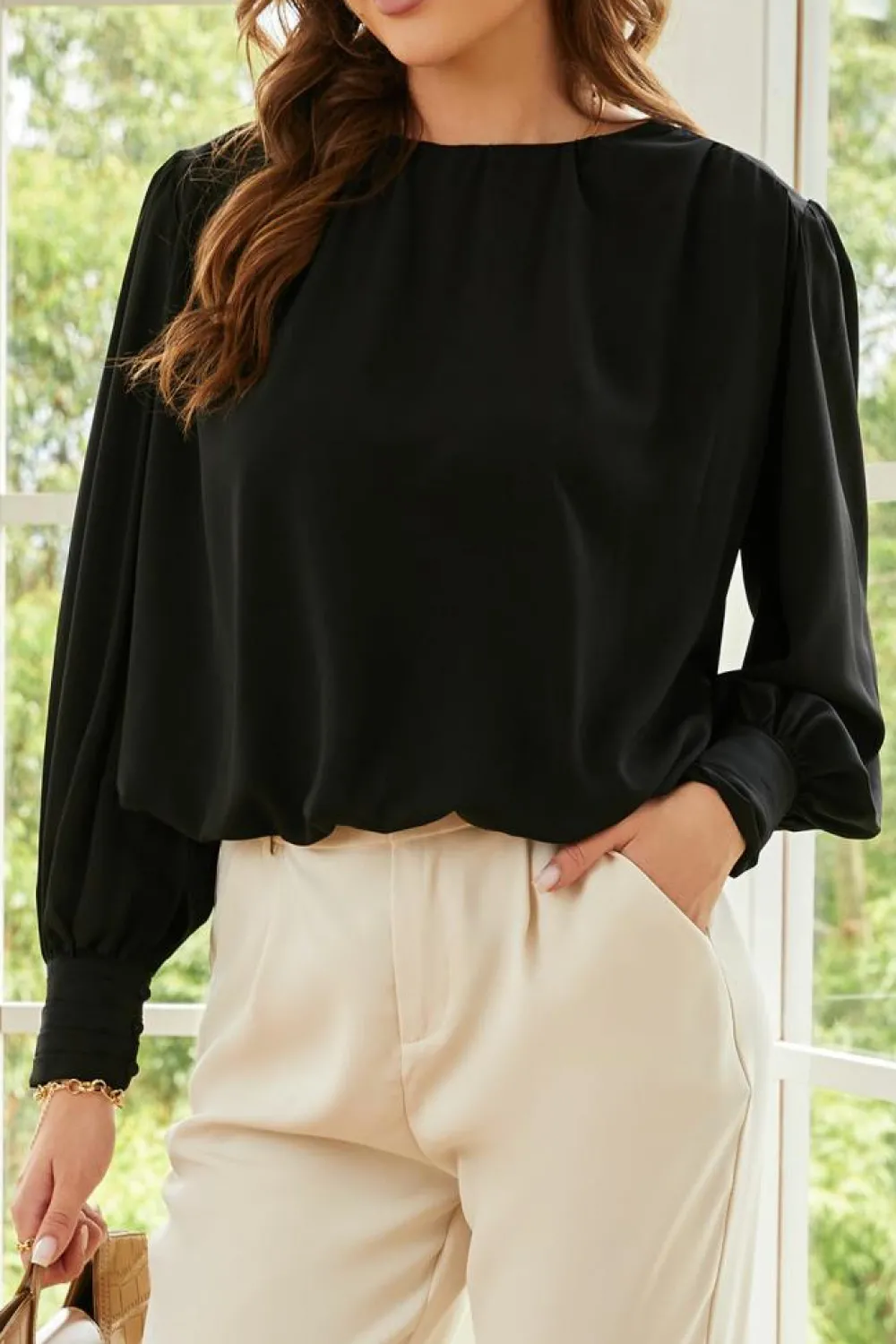 Clearance Dear-Lover Padded Shoulder Buttoned Cuffs Pleated Loose Blouse Black