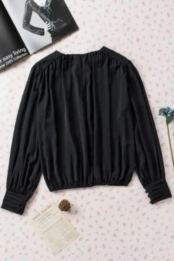 Clearance Dear-Lover Padded Shoulder Buttoned Cuffs Pleated Loose Blouse Black