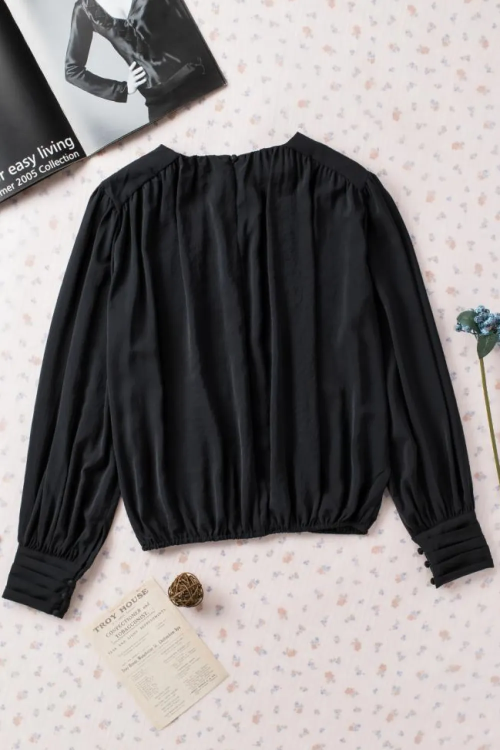 Clearance Dear-Lover Padded Shoulder Buttoned Cuffs Pleated Loose Blouse Black