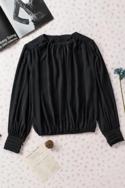 Clearance Dear-Lover Padded Shoulder Buttoned Cuffs Pleated Loose Blouse Black