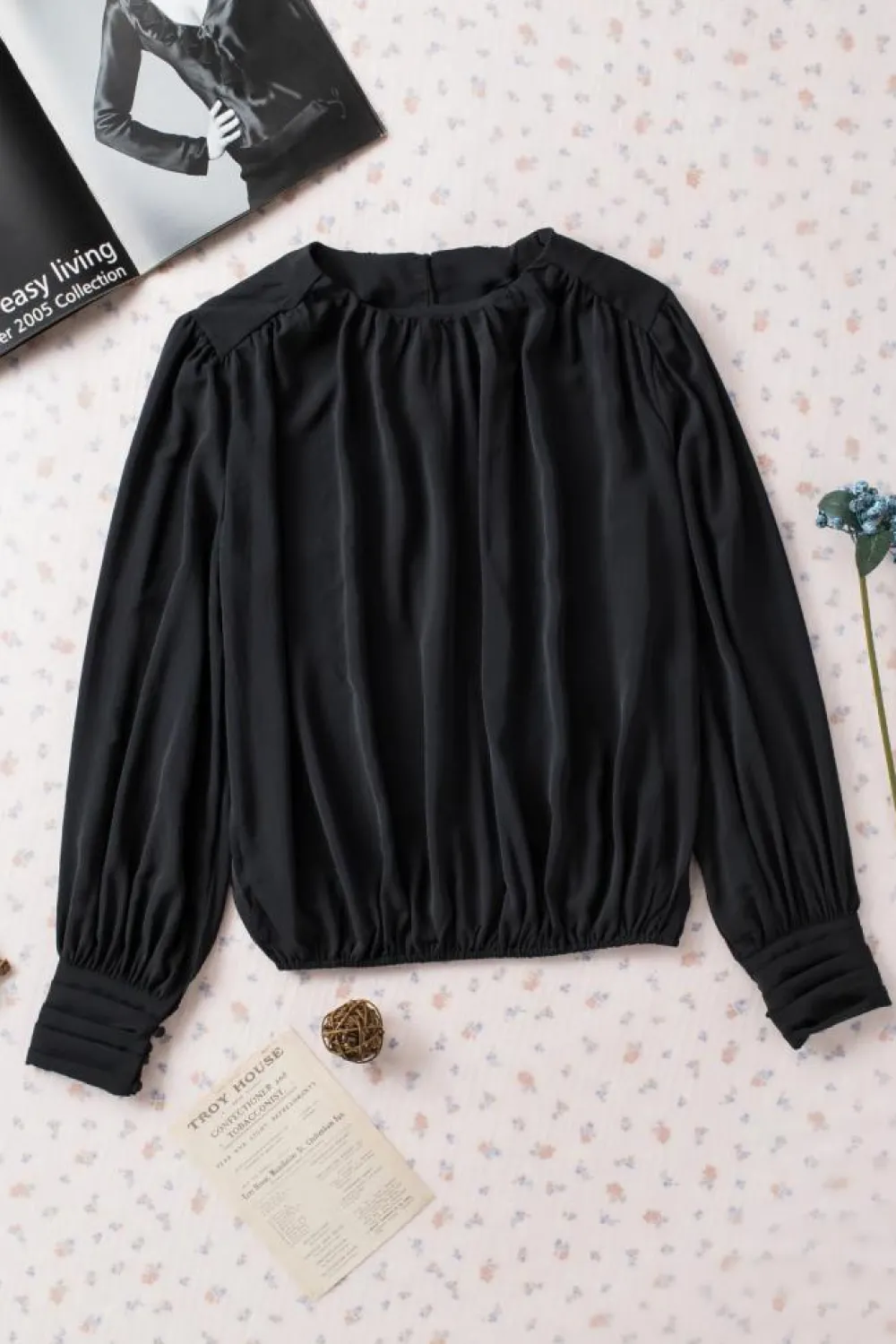 Clearance Dear-Lover Padded Shoulder Buttoned Cuffs Pleated Loose Blouse Black