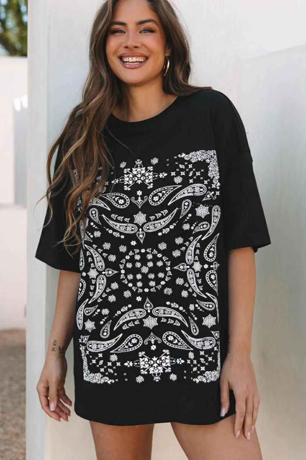 Fashion Dear-Lover Paisley Print Crew Neck Loose Fit Tunic Tee Black