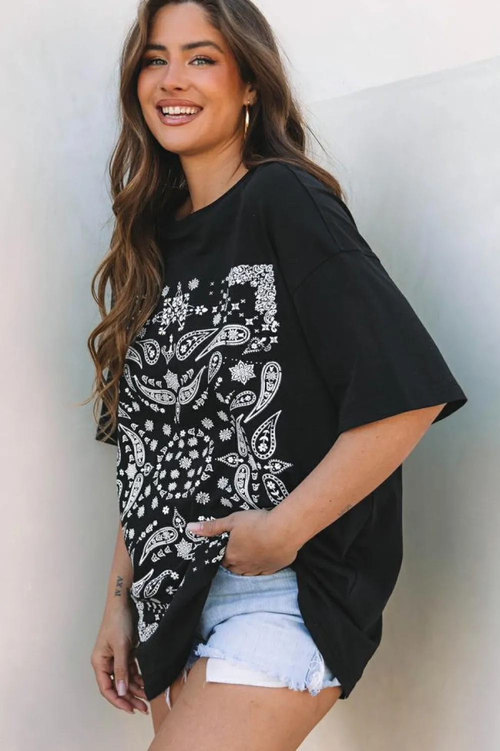 Fashion Dear-Lover Paisley Print Crew Neck Loose Fit Tunic Tee Black